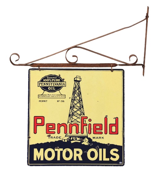 RARE PENNFIELD MOTOR OILS PORCELAIN SIGN W/ ORIGINAL IRON HANGER.