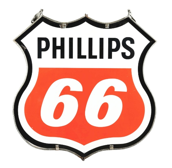PHILLIPS 66 GASOLINE PORCELAIN SERVICE STATION SIGN W/ ORIGINAL METAL RING.