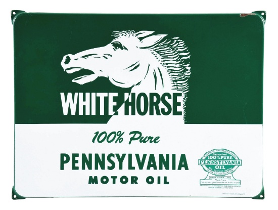 WHITE HORSE MOTOR OIL PORCELAIN SIGN W/ HORSE GRAPHIC.