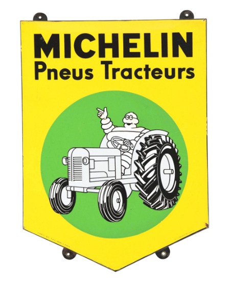 MICHELIN TRACTOR TIRES PORCELAIN SIGN W/ TRACTOR & BIBENDUM GRAPHIC.