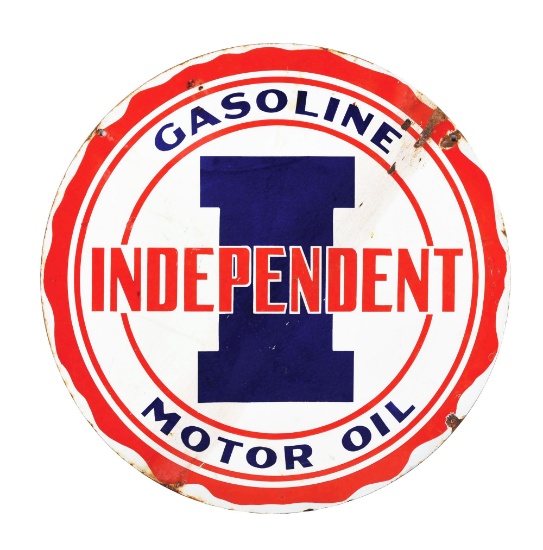 INDEPENDENT GASOLINE & MOTOR OIL PORCELAIN SERVICE STATION SIGN.