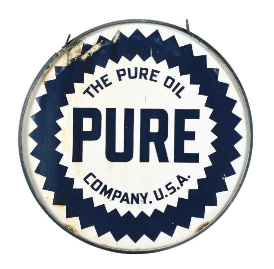 PURE OIL COMPANY PORCELAIN SERVICE STATION SIGN W/ ORIGINAL RING.