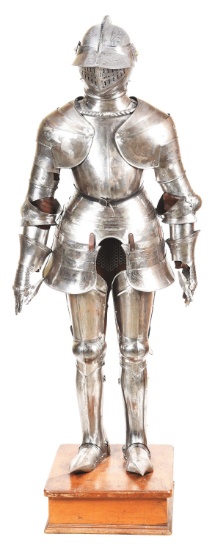 A GOOD MOUNTED FULL SUIT OF ETCHED VICTORIAN ARMOR.