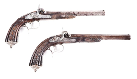 (A) PAIR OF SWISS PERCUSSION PISTOLS BY JAQUET.
