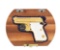 (M) FACTORY CASED, GOLD PLATED, AND ENGRAVED BERETTA MODEL 950BS SEMI AUTOMATIC PISTOL.