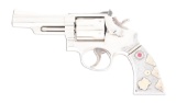 (M) SMITH & WESSON MODEL 19-3 WITH SILVER GRIPS, BELT BUCKLE AND HOLSTER.