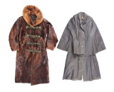 LOT OF 2: 1890S-1920S ELLSWORTH & THAYER HORSE FUR SLEIGH RIDING COAT AND WORLD WAR I ERA RAIN COAT.