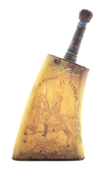 1783 DATED ENGRAVED POWDER HORN DEPICTING GEORGE WASHINGTON.