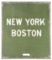 NEW YORK & BOSTON MASONITE TRAIN ANNOUNCEMENT SIGN W/ METAL BANDED EDGE.