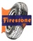 FIRESTONE TIRES PORCELAIN FLANGE SIGN W/ TIRE GRAPHIC.