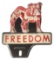 FREEDOM OIL WORKS EMBOSSED TIN LICENSE PLATE TOPPER W/ BULLDOG GRAPHIC.