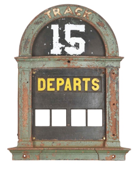 WALL MOUNTED CAST IRON RAILROAD TRACK DEPARTURE SIGN.