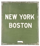 NEW YORK & BOSTON MASONITE TRAIN ANNOUNCEMENT SIGN W/ METAL BANDED EDGE.