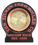 WICKES BOILER GAUGE WITH CAST IRON MOUNT.