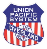 UNION PACIFIC RAILWAYS & THE OVERLAND ROUTE PORCELAIN SHIELD SIGN.