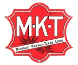 M.K.T MISSOURI KANSAS TEXAS LINES DIE CUT PORCELAIN RAILROAD SIGN.