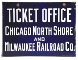 CHICAGO NORTH SHORE & MILWAUKEE RAILROAD TICKET OFFICE PORCELAIN FLANGE SIGN.
