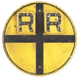 RAILROAD CROSSING STAMPED STEEL SIGN W/ GLASS REFLECTIVE MARBLES.