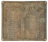 BRONZE LOCOMOTIVE CRANE CAPACITY PLATE.