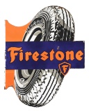 FIRESTONE TIRES PORCELAIN FLANGE SIGN W/ TIRE GRAPHIC.