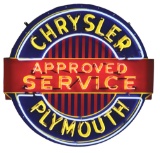CHRYSLER PLYMOUTH APPROVED SERVICE PORCELAIN NEON SIGN ON METAL CAN.