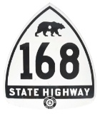 RARE & OUTSTANDING CALIFORNIA STATE HIGHWAY 168 PORCELAIN SIGN W/ BEAR GRAPHIC.