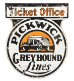 PICKWICK GREYHOUND LINES TICKET OFFICE DIE CUT PORCELAIN SIGN.
