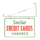 SINCLAIR CREDIT CARDS HONORED PORCELAIN SERVICE STATION SIGN W/ ORIGINAL METAL HANGER.