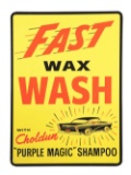 UNIQUE & OUTSTANDING FAST WAX & WASH EMBOSSED TIN SERVICE STATION SIGN W/ CAR GRAPHIC.