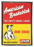 AMERICAN BRAKEBLOK BRAKE LINING EMBOSSED TIN SIGN W/ DOG GRAPHIC.
