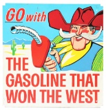 PHILLIPS 66 GO WITH THE GASOLINE THAT WON THE WEST TIN SIGN W/ COWBOY GRAPHIC.