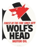 WOLF'S HEAD MOTOR OIL TIN SERVICE STATION FLANGE SIGN.