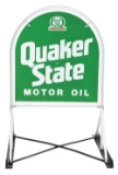 OUTSTANDING NEW OLD STOCK QUAKER STATE MOTOR OILS TIN SIGN W/ ORIGINAL METAL CURB STAND.