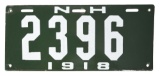 1918 NEW HAMPSHIRE PORCELAIN SINGLE LICENSE PLATE NUMBER 2396.