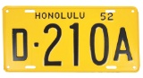 HONOLULU HAWAII 1952 EMBOSSED TIN DEALER LICENSE PLATE NUMBER D-210A