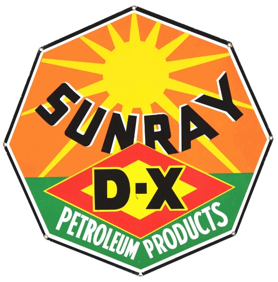 OUTSTANDING SUNRAY D-X PETROLEUM PRODUCTS PORCELAIN SIGN.