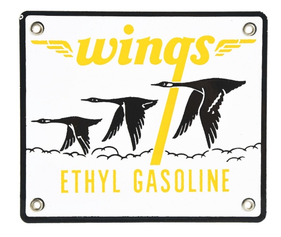 RARE WINGS ETHYL GASOLINE PORCELAIN PUMP PLATE SIGN.