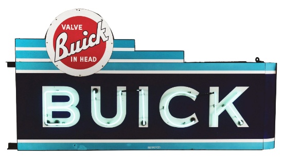 BUICK VALVE IN HEAD COMPLETE PORCELAIN NEON SIGN W/ BULLNOSE ATTACHMENT.