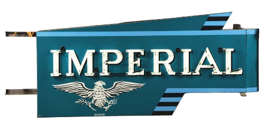 RARE & OUTSTANDING IMPERIAL AUTOMOBILES PORCELAIN & NEON DEALERSHIP SIGN W/ BULLNOSE ATTACHMENT.