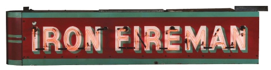 IRON FIREMAN COAL STOKER COMPLETE PORCELAIN NEON SIGN W/ BULLNOSE ATTACHMENT.