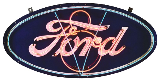 FORD AUTOMOBILES PORCELAIN OVAL NEON SIGN W/ V8 NEON FLASHER.