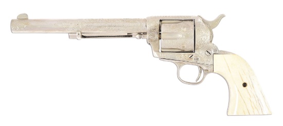 (A) CUSTOM ENGRAVED COLT FRONTIER SIX SHOOTER SINGLE ACTION REVOLVER WITH GIRAFFE BONE GRIPS.