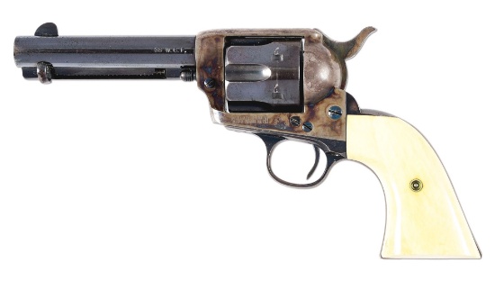 (C) COLT SINGLE ACTION ARMY REVOLVER WITH TOOLED LEATHER BELT AND HOLSTER RIG.