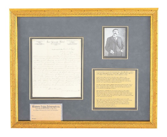 FRAMED LETTER WRITTEN AND SIGNED BY LEGENDARY OLD WEST LAWMAN PAT GARRETT, EX DR. MAROHN COLLECTION.