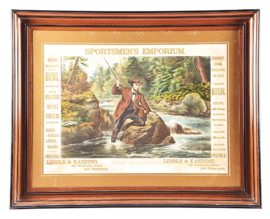 FRAMED COURIER & IVES LITHOGRAPH FOR LIDDLE & KAEDING "SPORTSMEN'S EMPORIUM"