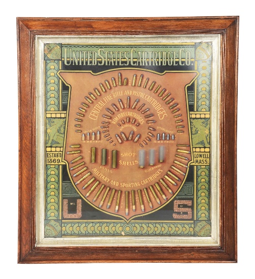 ATTRACTIVE AND UNUSUAL UNITED STATES CARTRIDGE CO BULLET BOARD WITH ART NOVEAU STYLINGS.