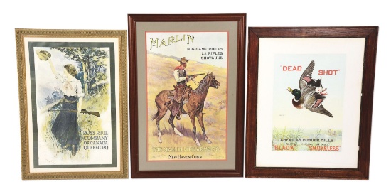 LOT OF 3: ROSS RIFLE COMPANY, AMERICAN POWDER, AND MARLIN ADVERTISING SIGNS.