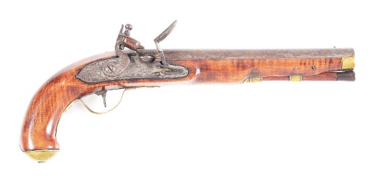 (A) FINE TIGER MAPLE FLINTLOCK KENTUCKY PISTOL ATTRIBUTED TO JOHN SHUTER.