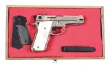 (M) ENGRAVED SMITH & WESSON MODEL 59 SEMI-AUTOMATIC PISTOL WITH PEARL GRIPS AND DISPLAY CASE..