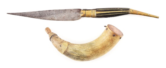 LOT OF 2: LARGE 18TH CENTURY FOLDING KNIFE AND FOLK ART POWDER HORN.